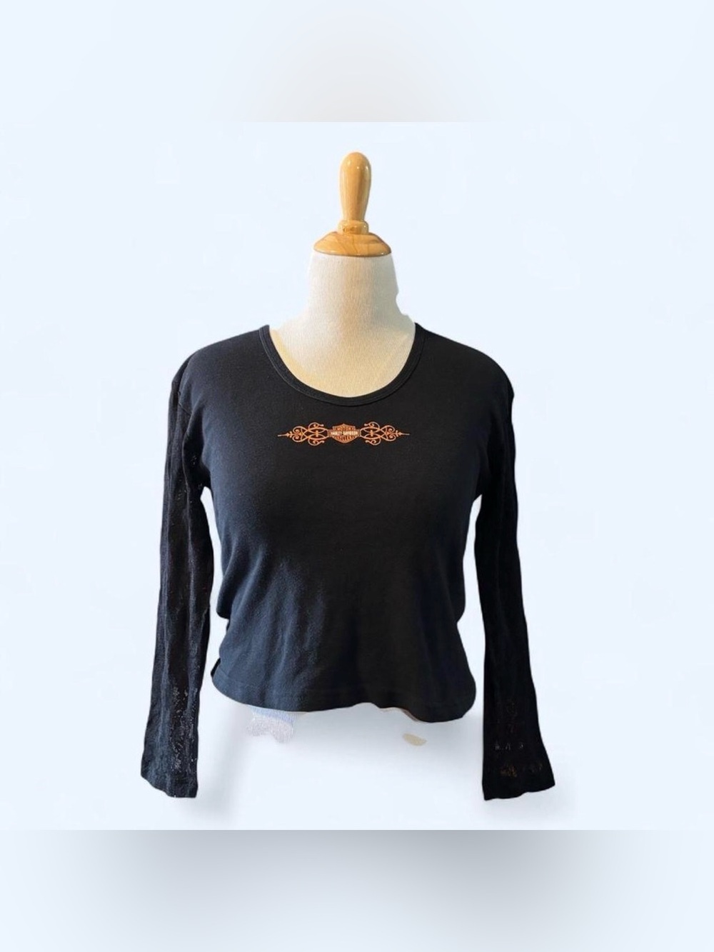 Vintage Harley Davidson Womens XL Black Lace Long Sleeve Tee Ohio Biker Y2K Moto